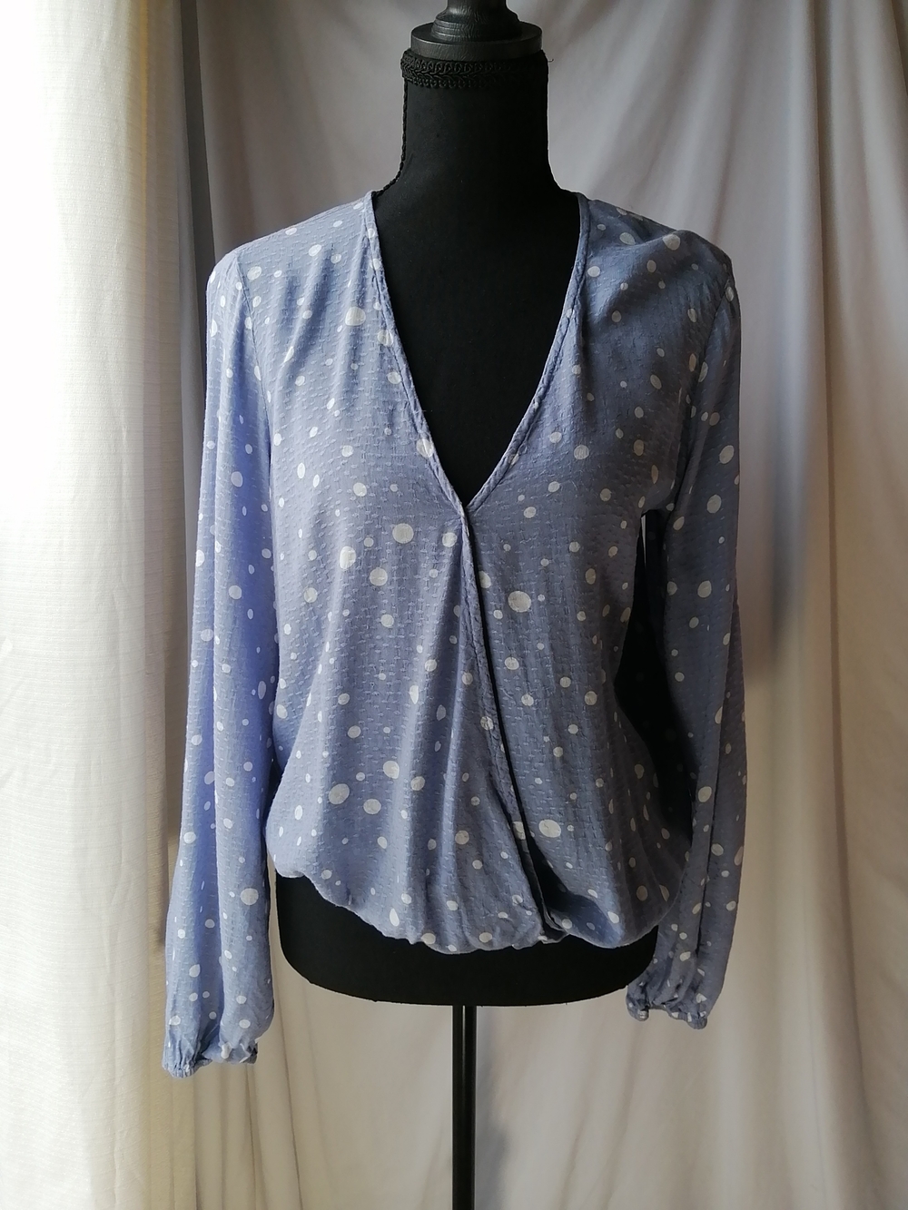 Light Blue Polka Dot Surplice Long-Sleeve Top